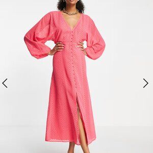ASOS DESIGN Hot Pink Chevron Maxi Dress – Open Tie Back, Button Front, Size 4